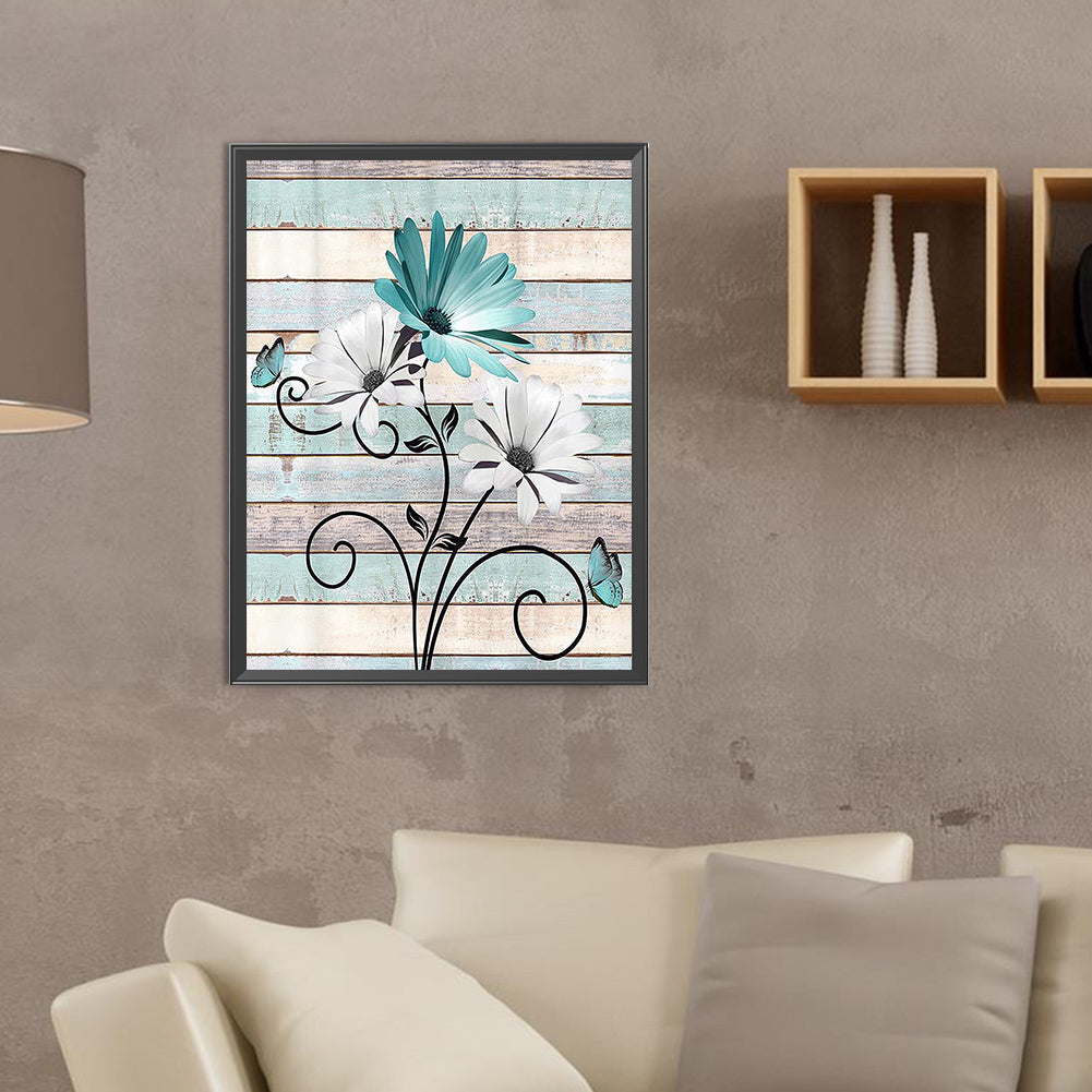 Flowers On Wooden Board Background - Full Round Drill Diamond Painting 30*40CM