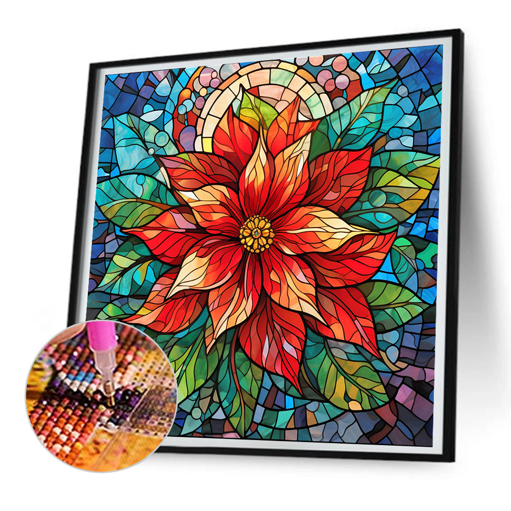 Christmas Red Flower Glass Painting - Full Round Drill Diamond Painting 30*30CM