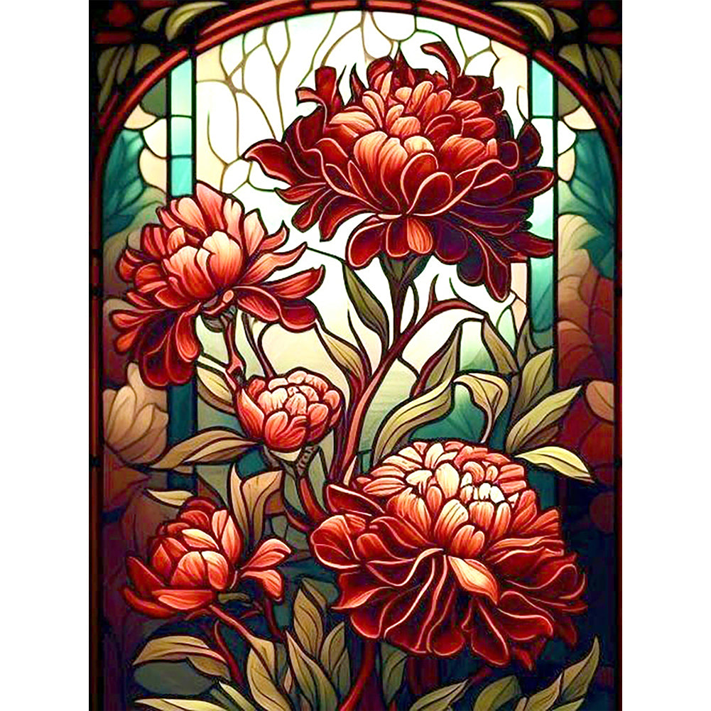 Stained Glass Red Flowers Flower - Full Round Drill Diamond Painting 30*40CM
