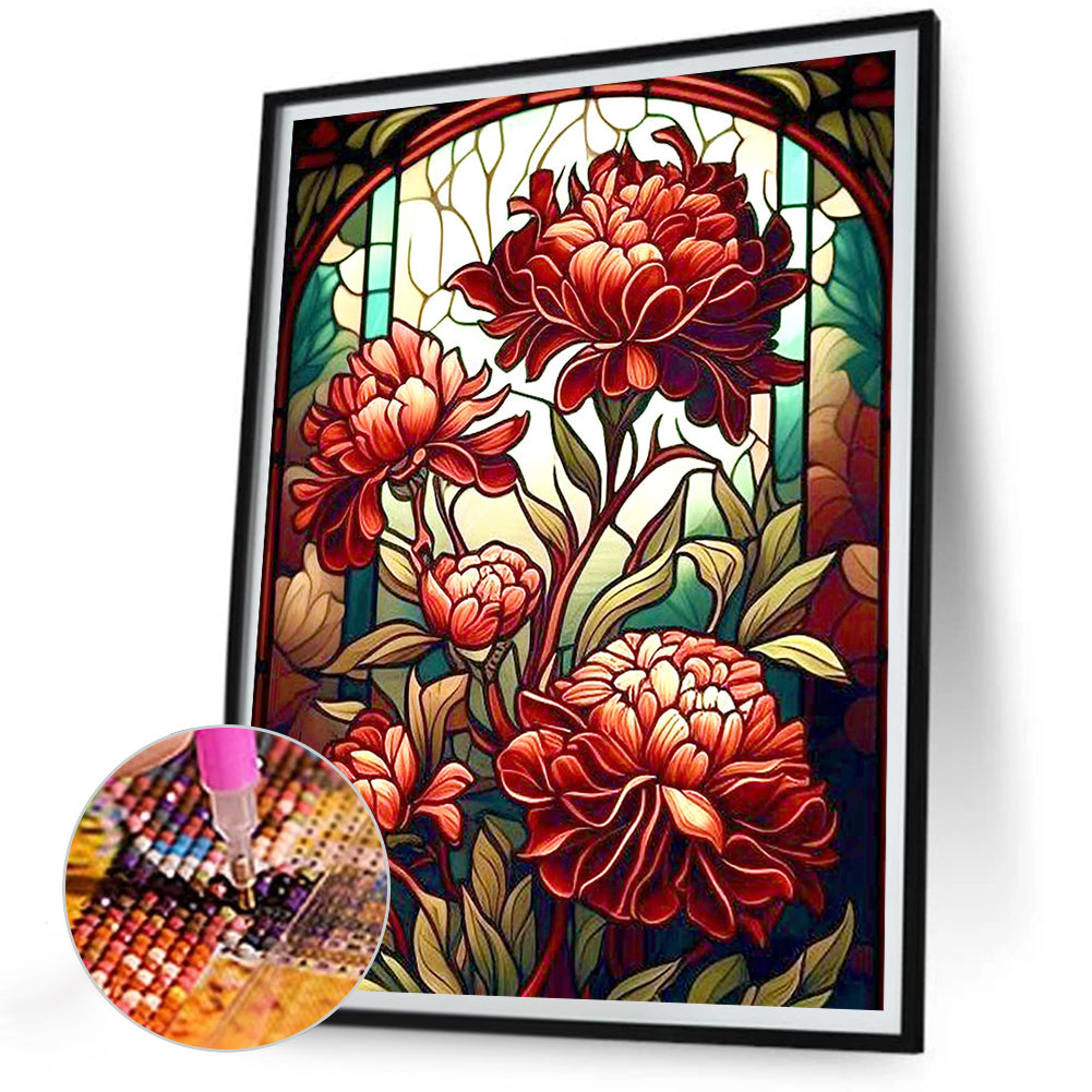 Stained Glass Red Flowers Flower - Full Round Drill Diamond Painting 30*40CM