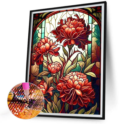 Stained Glass Red Flowers Flower - Full Round Drill Diamond Painting 30*40CM