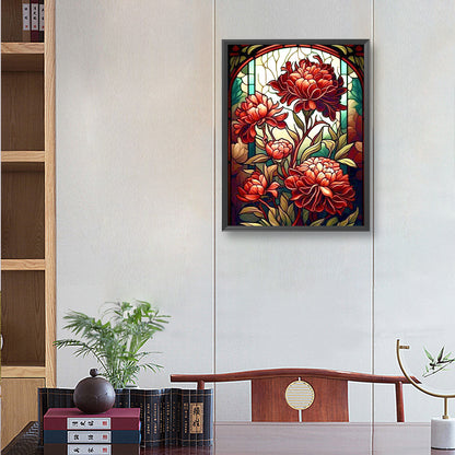 Stained Glass Red Flowers Flower - Full Round Drill Diamond Painting 30*40CM