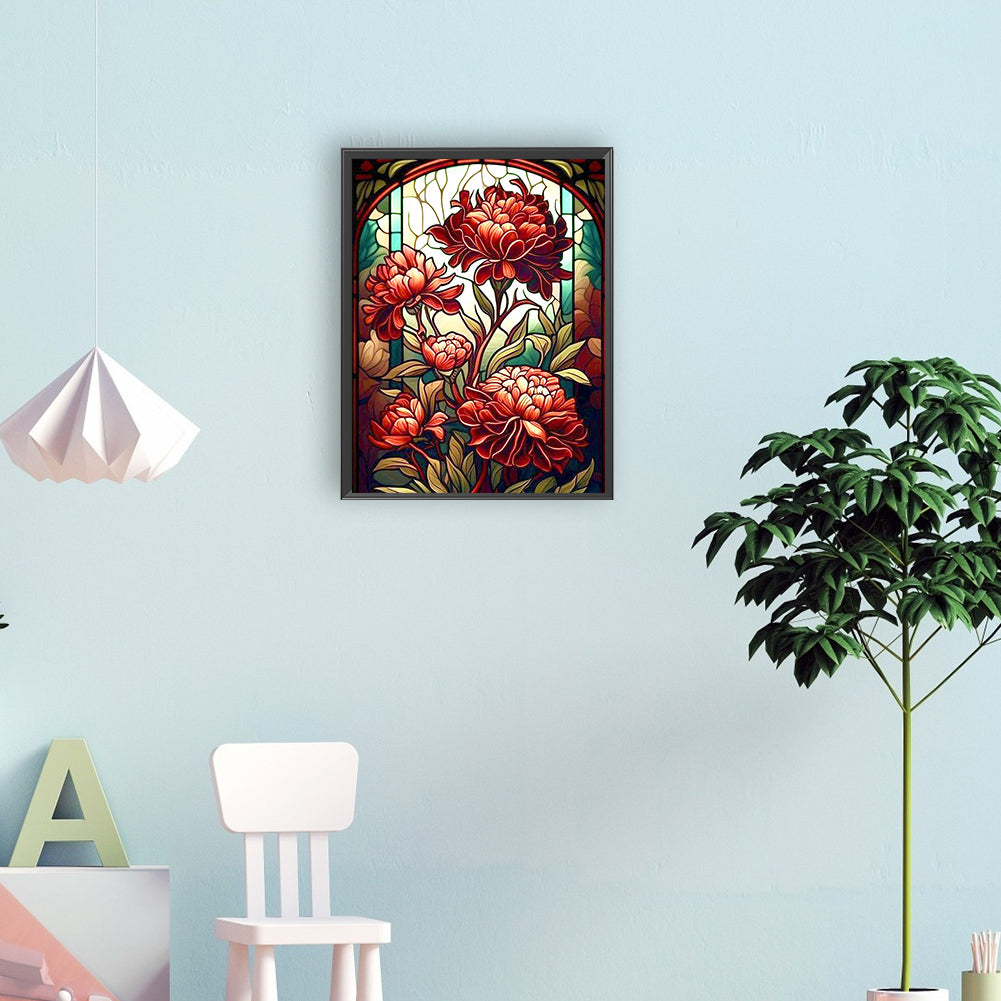 Stained Glass Red Flowers Flower - Full Round Drill Diamond Painting 30*40CM