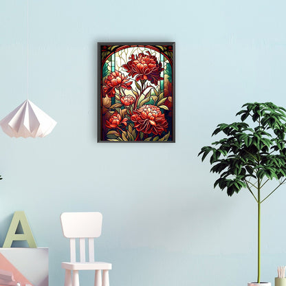 Stained Glass Red Flowers Flower - Full Round Drill Diamond Painting 30*40CM