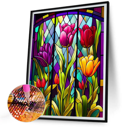 Stained Glass Tulips Flower - Full Round Drill Diamond Painting 30*40CM