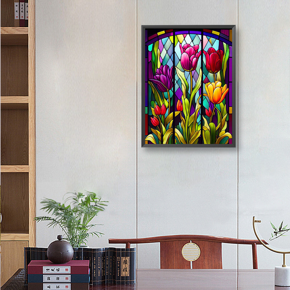 Stained Glass Tulips Flower - Full Round Drill Diamond Painting 30*40CM