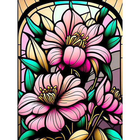Stained Glass Pink Flowers Flower - Full Round Drill Diamond Painting 30*40CM