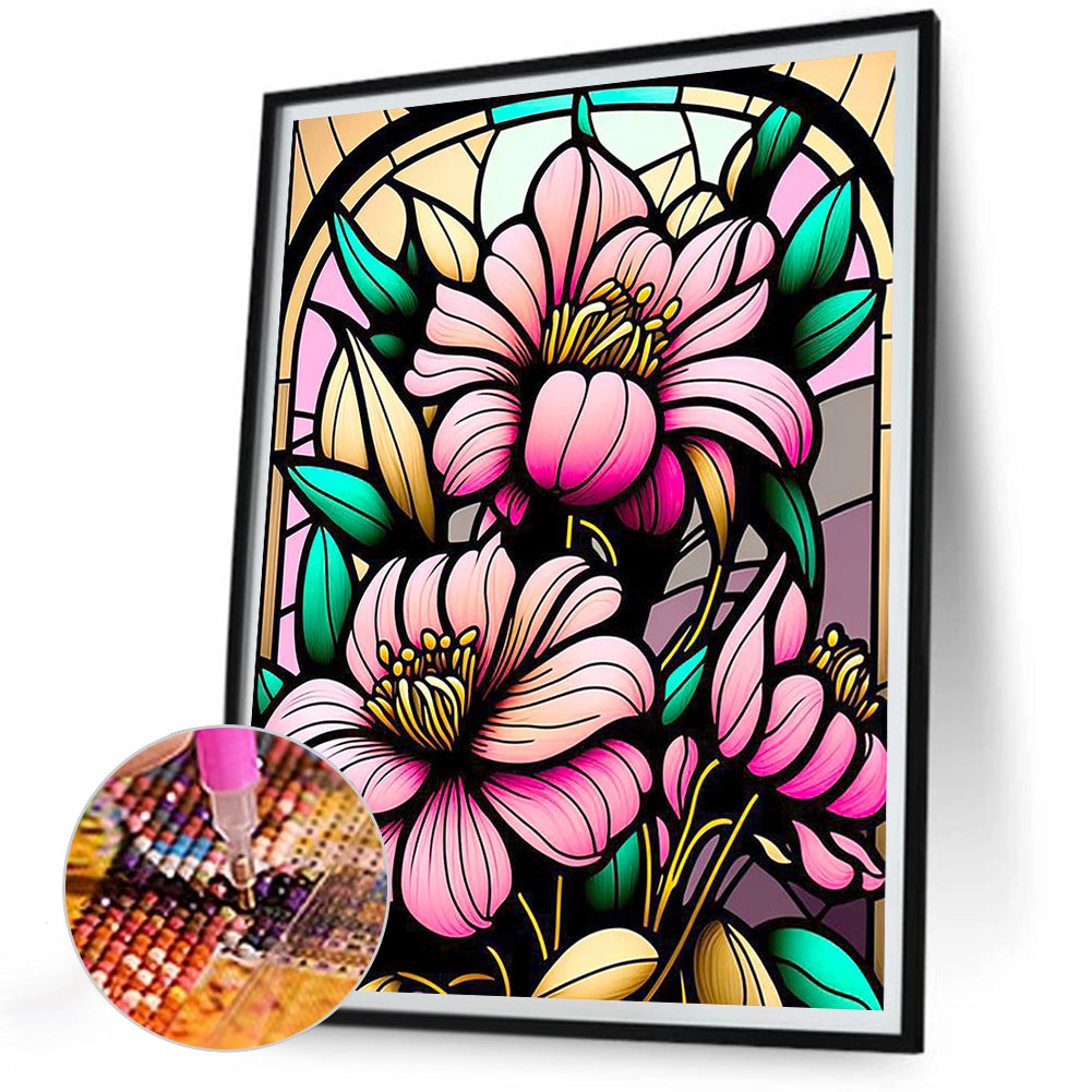 Stained Glass Pink Flowers Flower - Full Round Drill Diamond Painting 30*40CM
