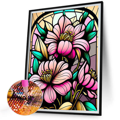 Stained Glass Pink Flowers Flower - Full Round Drill Diamond Painting 30*40CM