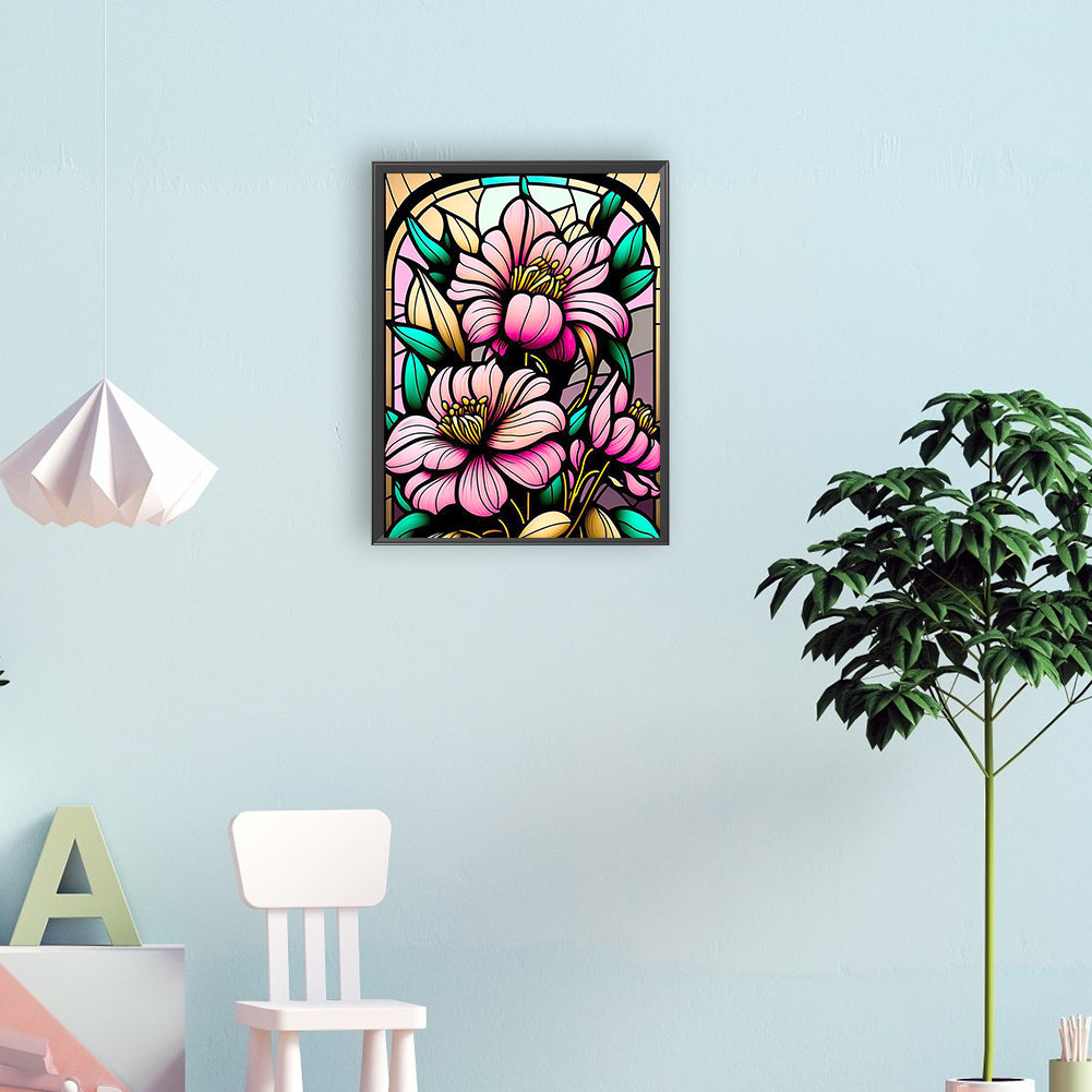 Stained Glass Pink Flowers Flower - Full Round Drill Diamond Painting 30*40CM