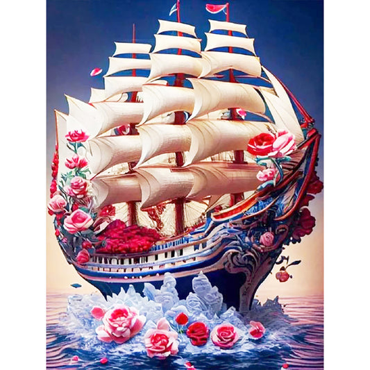 Red Rose Boat - Full Round Drill Diamond Painting 30*40CM