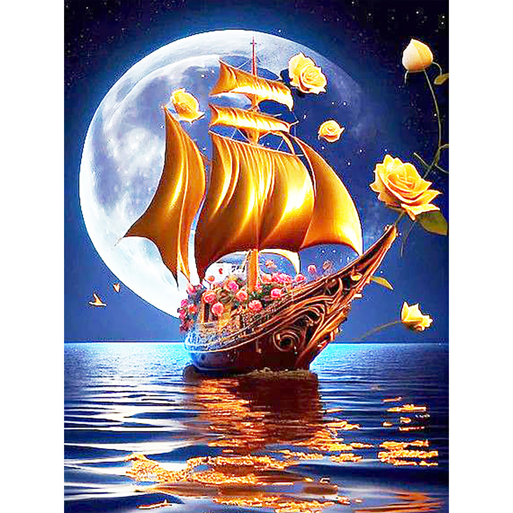 Pink Rose Boat - Full Round Drill Diamond Painting 30*40CM