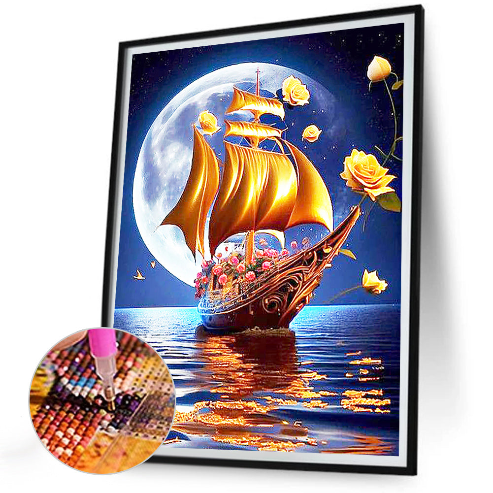 Pink Rose Boat - Full Round Drill Diamond Painting 30*40CM