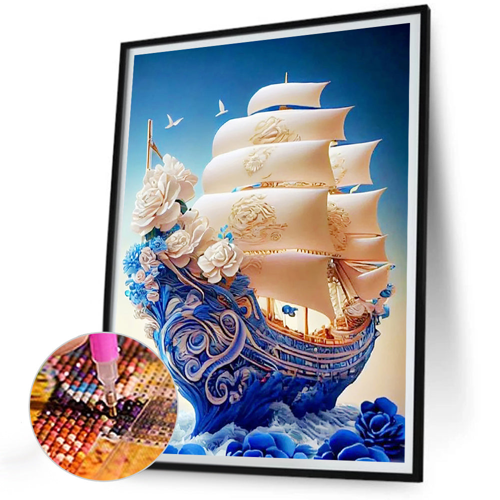 White Rose Boat - Full Round Drill Diamond Painting 30*40CM