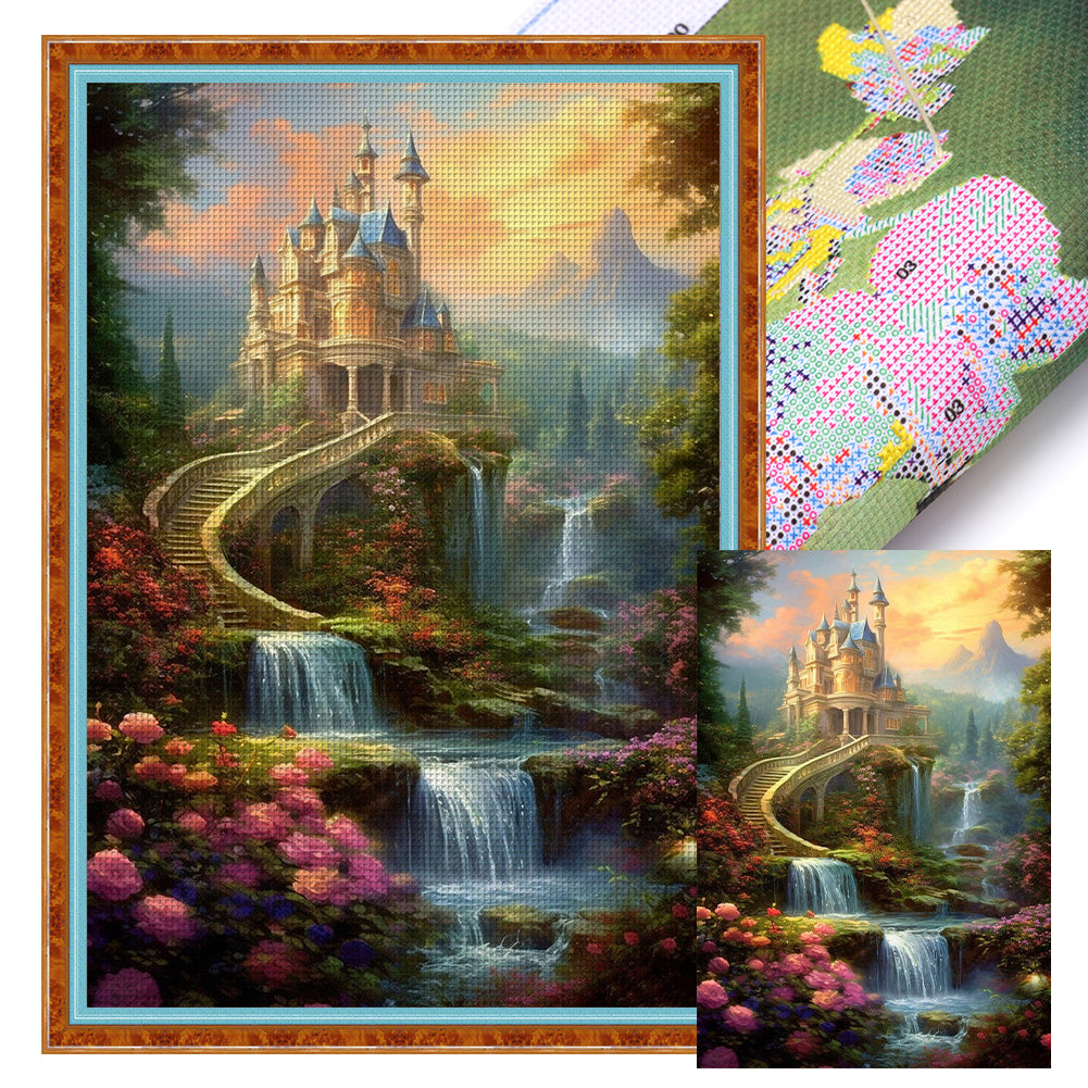 Landscape Castle Waterfall - 16CT Stamped Cross Stitch 40*60CM