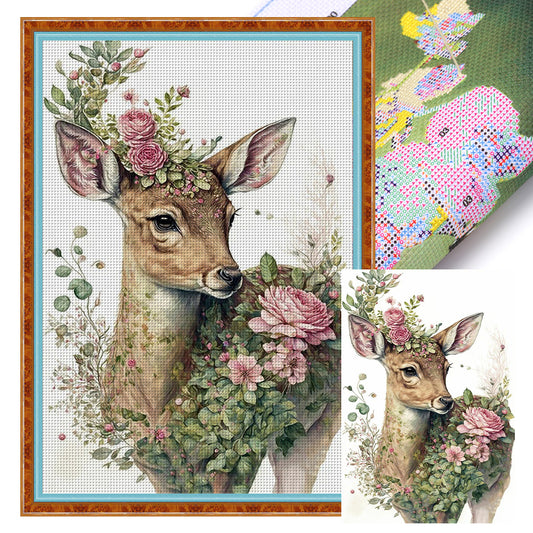 Flowers And Grass Elk - 11CT Stamped Cross Stitch 40*60CM