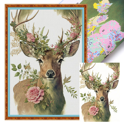 Flowers And Grass Elk - 11CT Stamped Cross Stitch 40*60CM