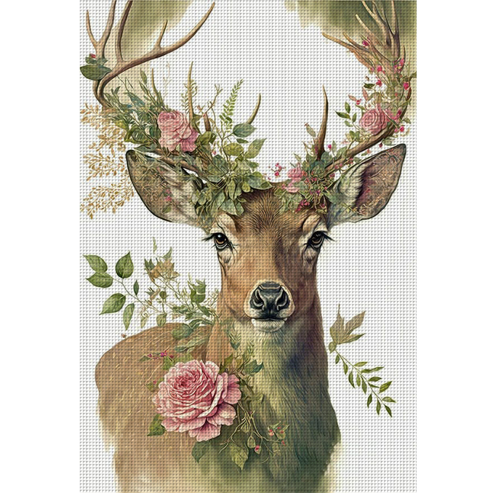 Flowers And Grass Elk - 11CT Stamped Cross Stitch 40*60CM