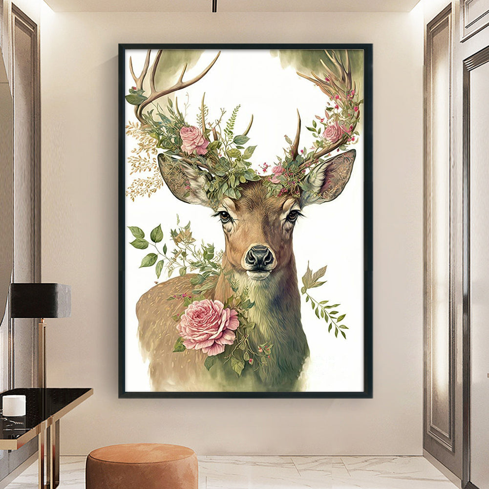 Flowers And Grass Elk - 11CT Stamped Cross Stitch 40*60CM