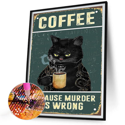 Black Cat Drinking Coffee - Full Round Drill Diamond Painting 30*40CM