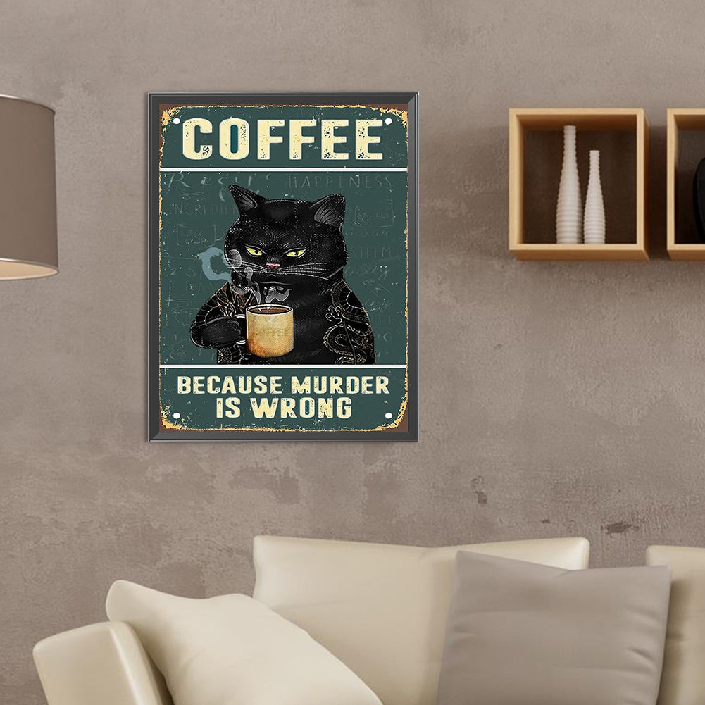 Black Cat Drinking Coffee - Full Round Drill Diamond Painting 30*40CM