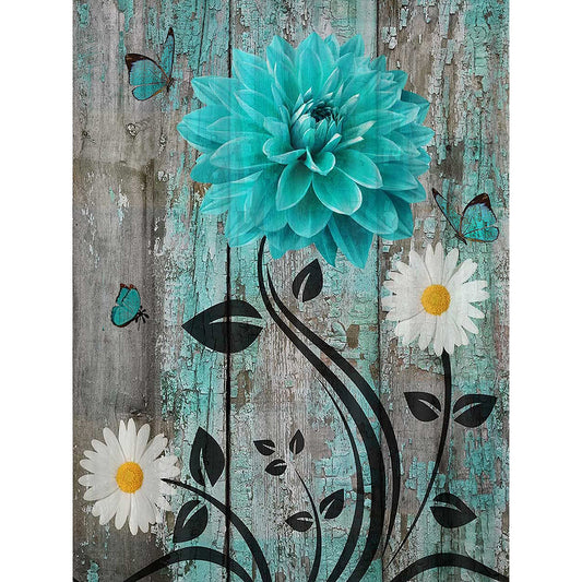 Blue And Green Wooden Board Flowers - Full Round Drill Diamond Painting 30*40CM
