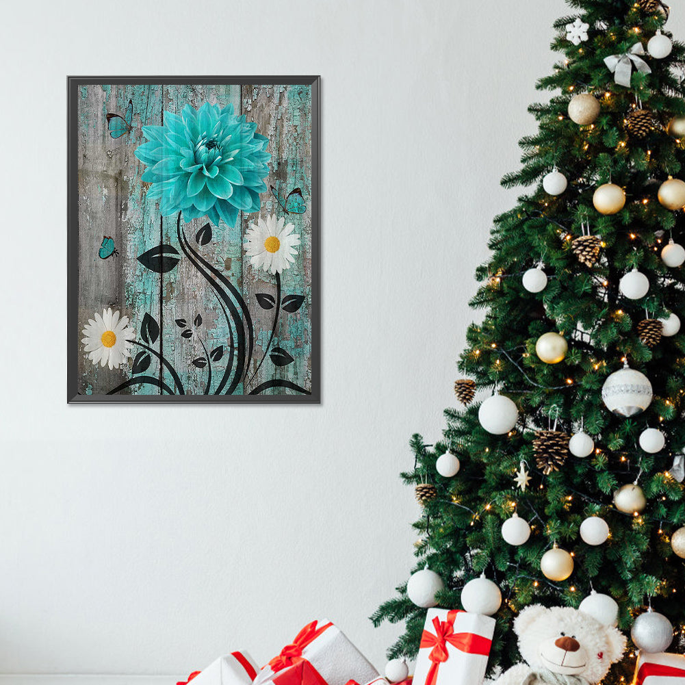Blue And Green Wooden Board Flowers - Full Round Drill Diamond Painting 30*40CM