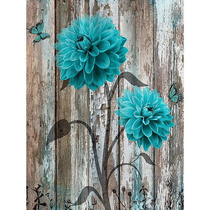 Blue And Green Wooden Board Flowers - Full Round Drill Diamond Painting 30*40CM