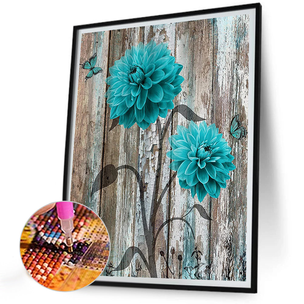 Blue And Green Wooden Board Flowers - Full Round Drill Diamond Painting 30*40CM