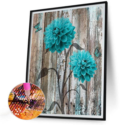 Blue And Green Wooden Board Flowers - Full Round Drill Diamond Painting 30*40CM