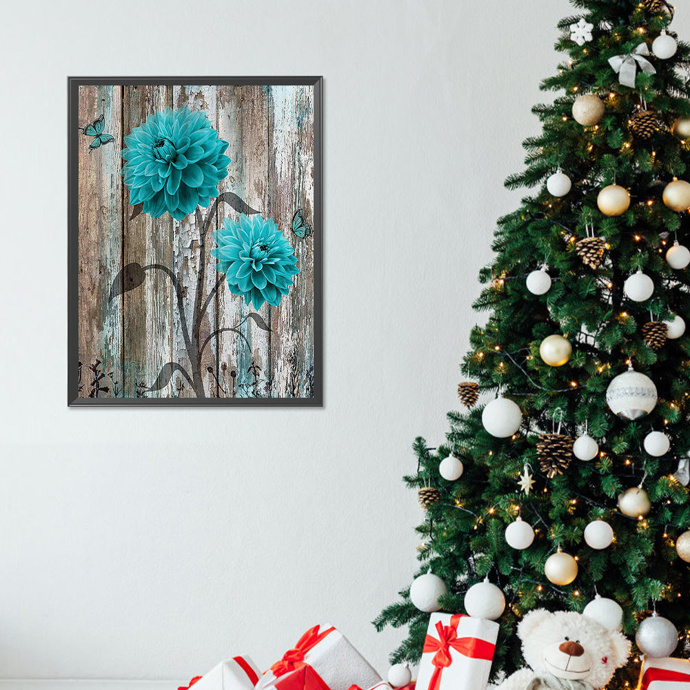 Blue And Green Wooden Board Flowers - Full Round Drill Diamond Painting 30*40CM