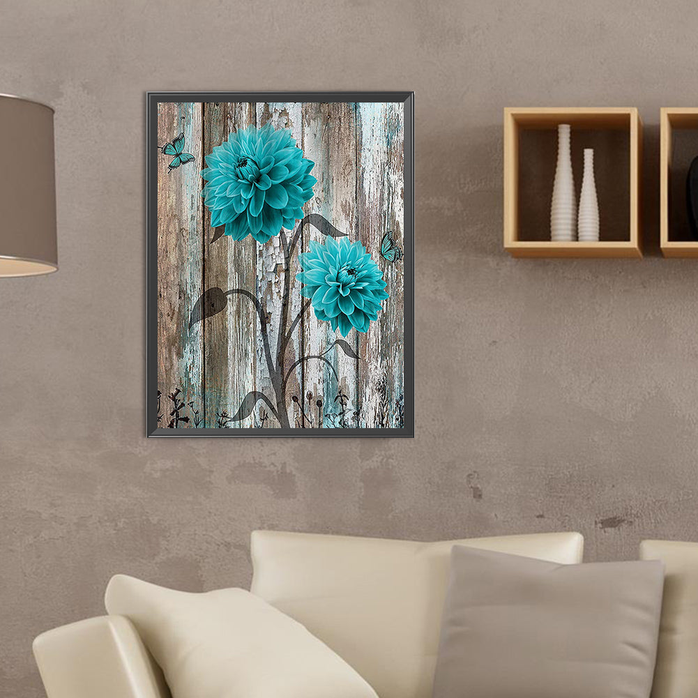 Blue And Green Wooden Board Flowers - Full Round Drill Diamond Painting 30*40CM