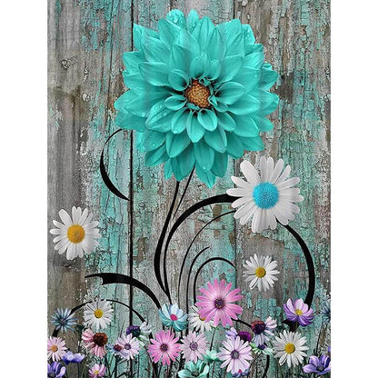 Blue And Green Wooden Board Flowers - Full Round Drill Diamond Painting 30*40CM