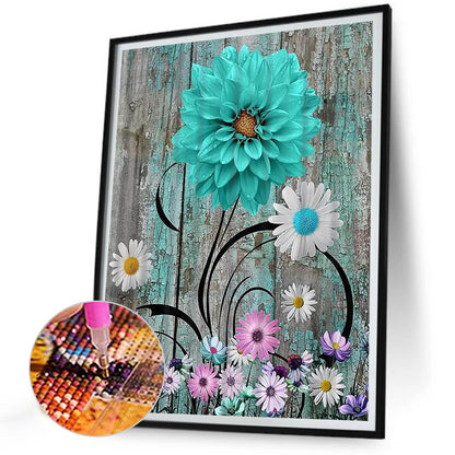 Blue And Green Wooden Board Flowers - Full Round Drill Diamond Painting 30*40CM