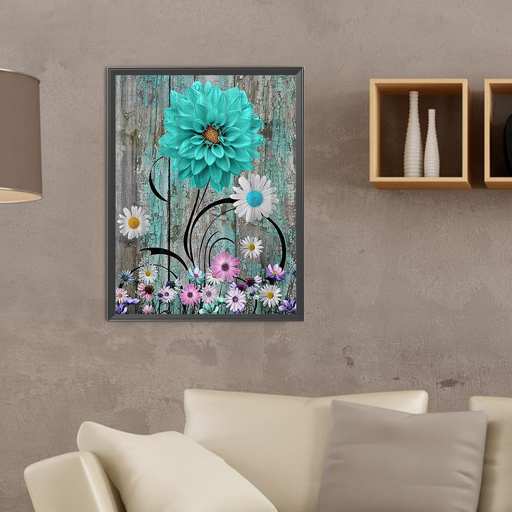 Blue And Green Wooden Board Flowers - Full Round Drill Diamond Painting 30*40CM