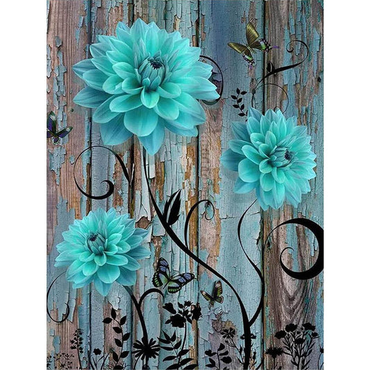 Blue And Green Wooden Board Flowers - Full Round Drill Diamond Painting 30*40CM