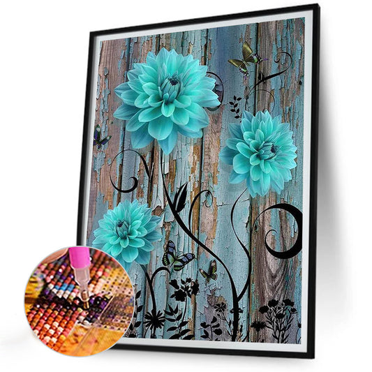 Blue And Green Wooden Board Flowers - Full Round Drill Diamond Painting 30*40CM
