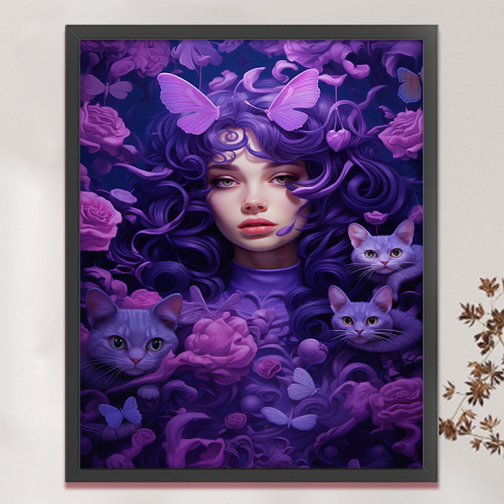 Purple Butterfly Flowers Woman - 11CT Stamped Cross Stitch 50*60CM