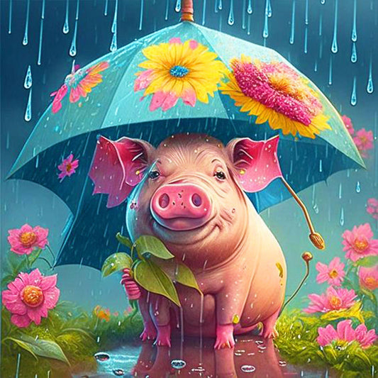 Umbrella Animal Piggy - Full Round Drill Diamond Painting 30*30CM