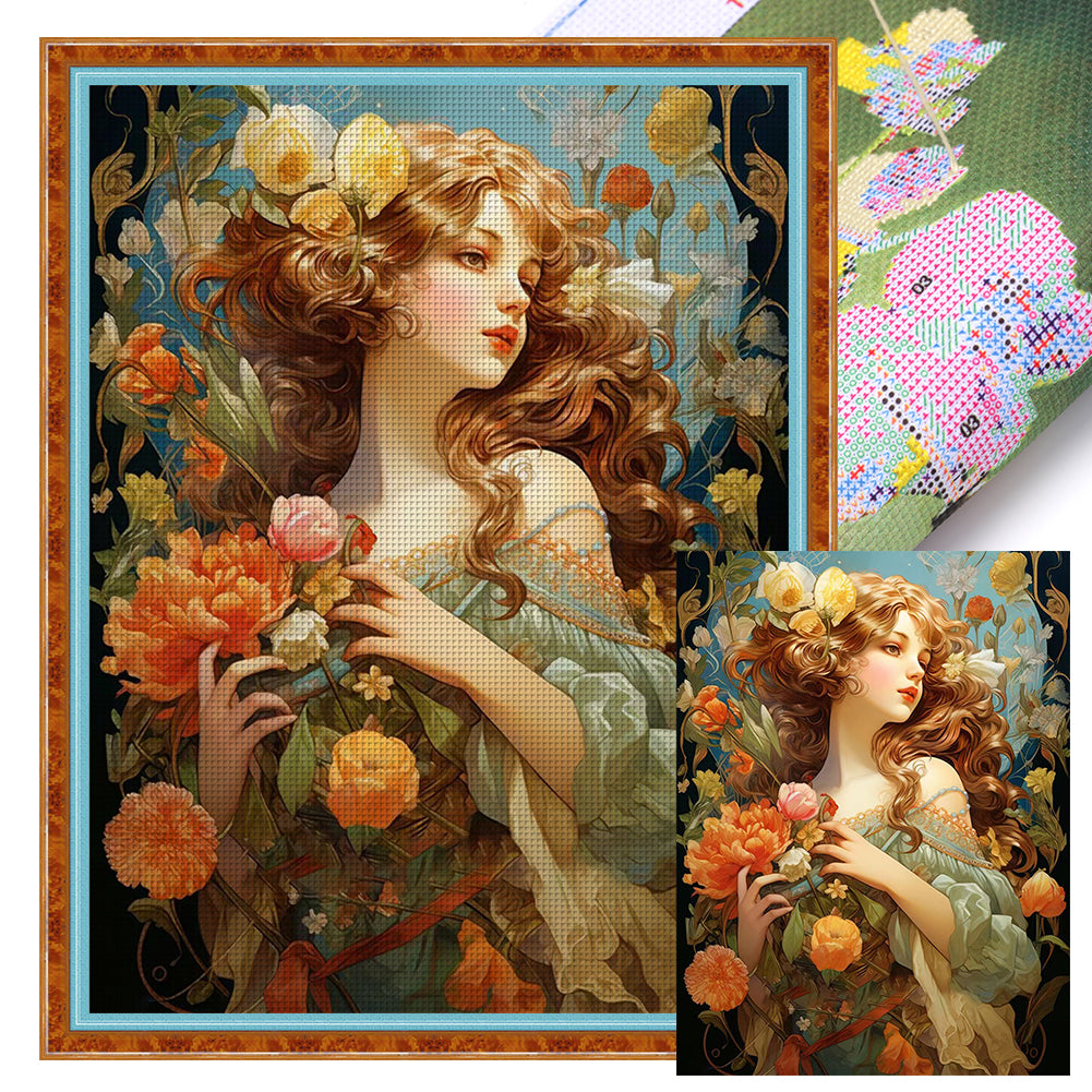 Classical Flowers Woman - 11CT Stamped Cross Stitch 50*67CM