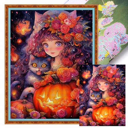 Halloween Pumpkin Cat Cat Girl - 11CT Stamped Cross Stitch 50*67CM