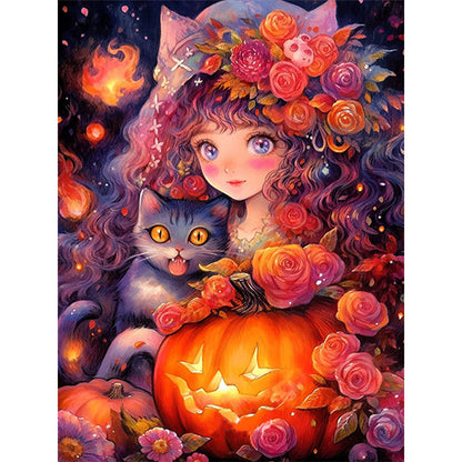 Halloween Pumpkin Cat Cat Girl - 11CT Stamped Cross Stitch 50*67CM