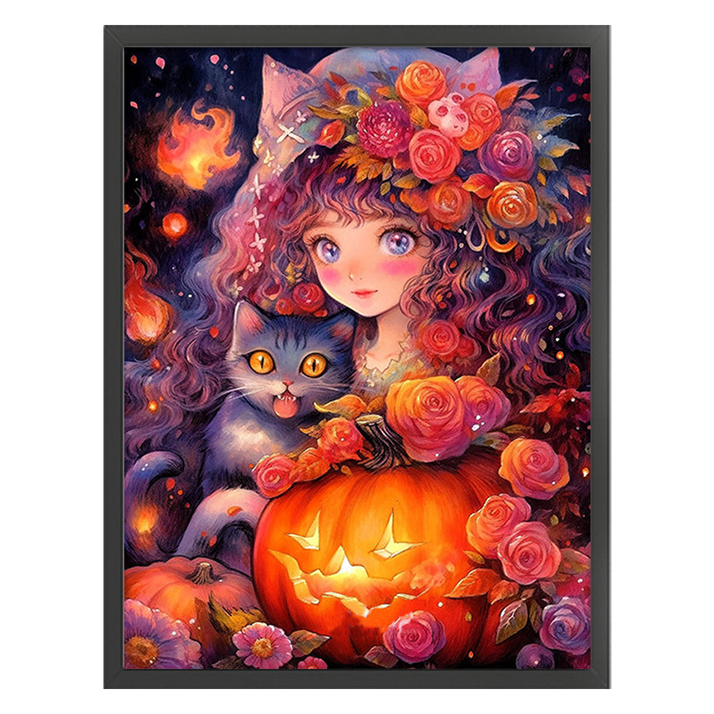 Halloween Pumpkin Cat Cat Girl - 11CT Stamped Cross Stitch 50*67CM