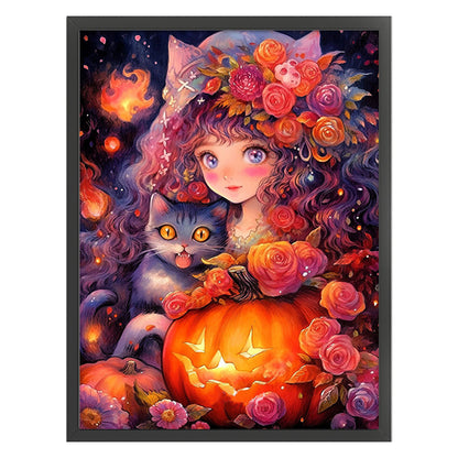 Halloween Pumpkin Cat Cat Girl - 11CT Stamped Cross Stitch 50*67CM