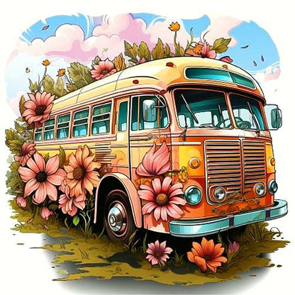Pink Sunflower Bus - Full Round Drill Diamond Painting 30*30CM