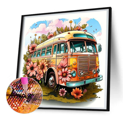 Pink Sunflower Bus - Full Round Drill Diamond Painting 30*30CM