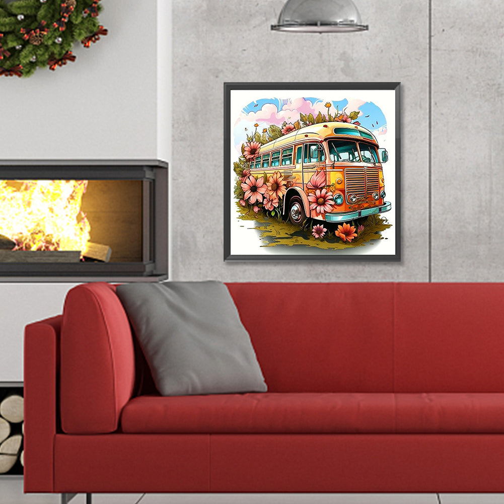 Pink Sunflower Bus - Full Round Drill Diamond Painting 30*30CM