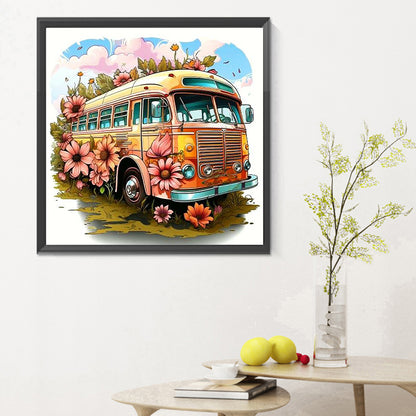 Pink Sunflower Bus - Full Round Drill Diamond Painting 30*30CM