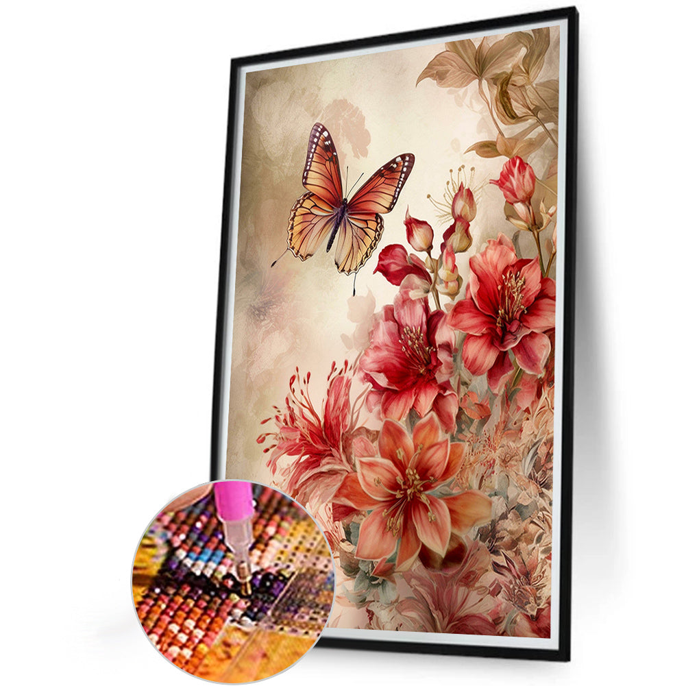 Retro Butterfly With Hibiscus - Full Round Drill Diamond Painting 40*60CM