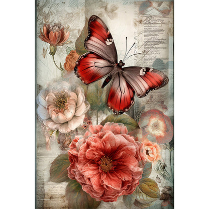 Vintage Butterfly And Peony - Full Round Drill Diamond Painting 40*60CM